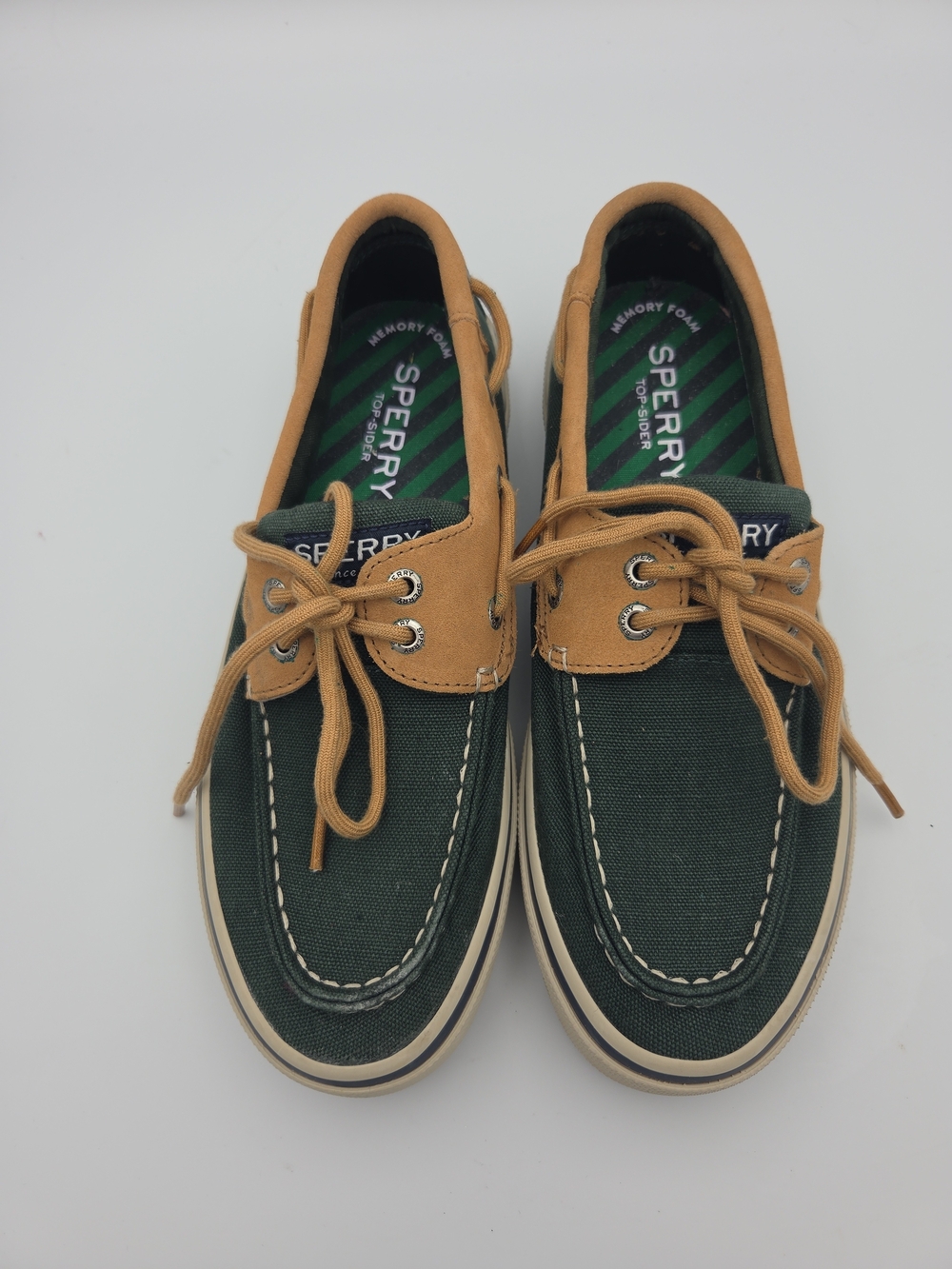 Sperry Green Canvas and Tan Leather-Trim Boat Shoes